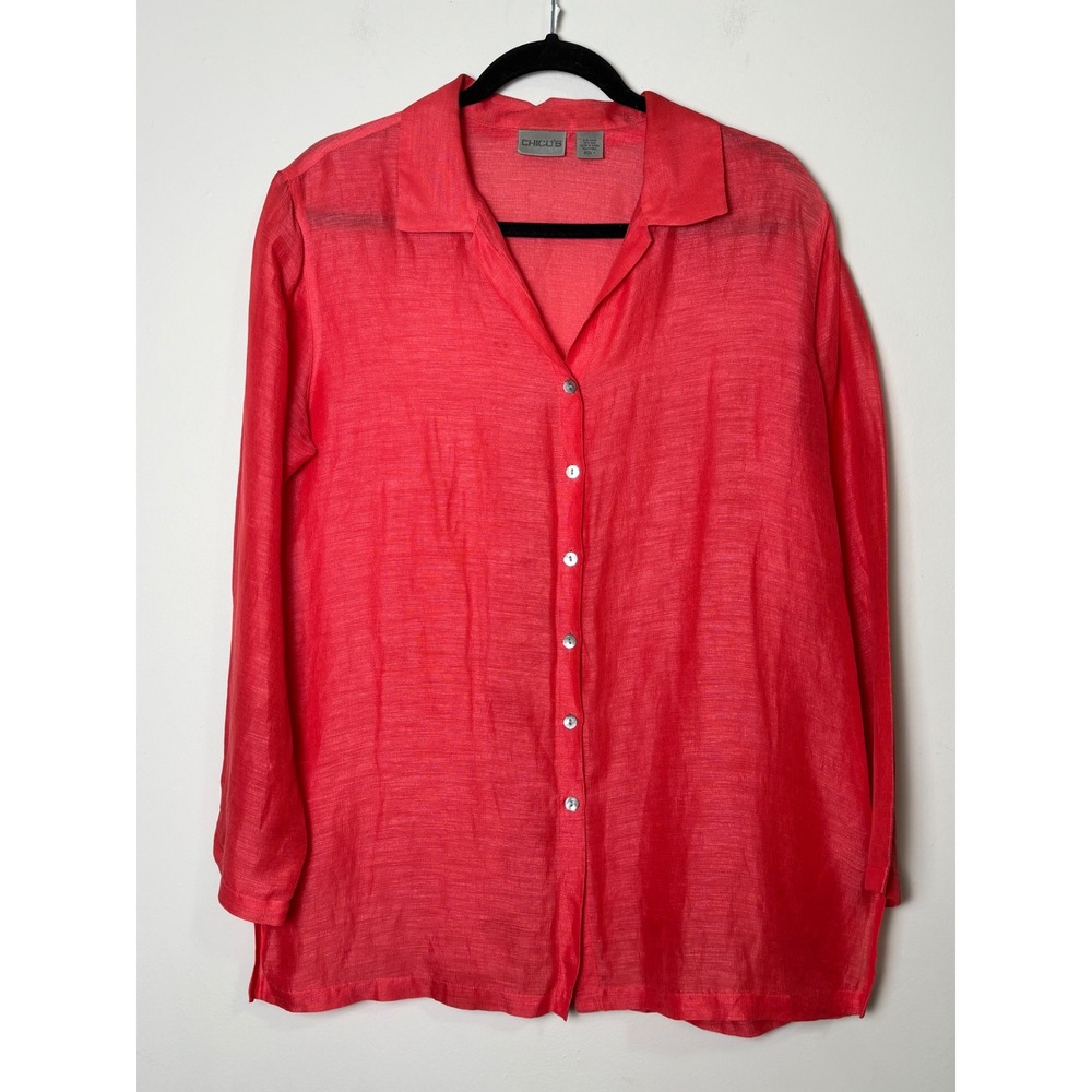Chico's‎ Linen Silk Blend Button Front Shirt M Sheer Breathable Resort Casual